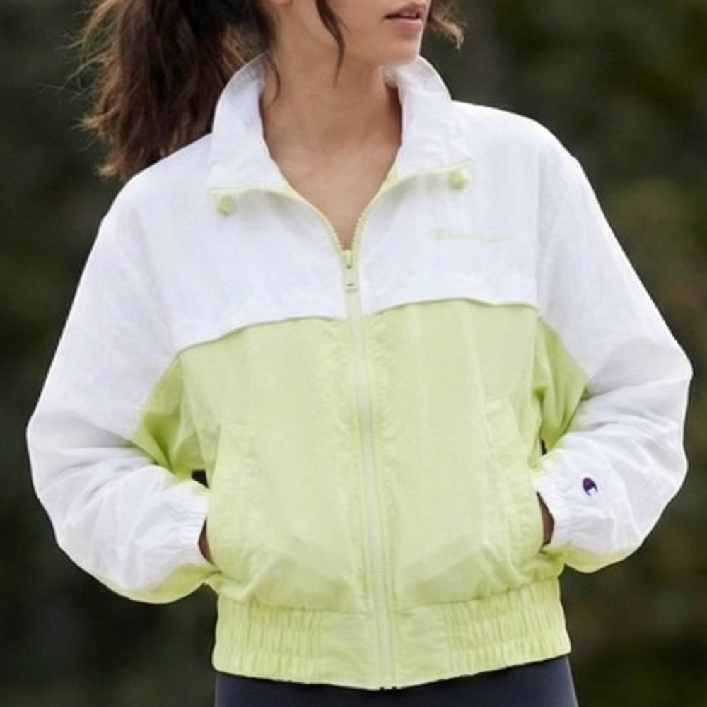 Champion Neon Lime Colorblock Windbreaker Jacket Full Zip Lightweight Fall S EUC